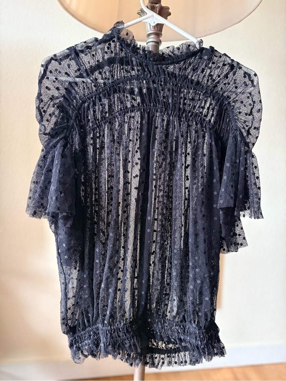 Free People Disco Ball Swiss Dot Sheer Ruffle Blouse Top Black Medium EUC